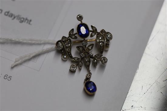 A late Victorian gold and silver, two stone sapphire, round and rose cut diamond set drop brooch, 37mm.